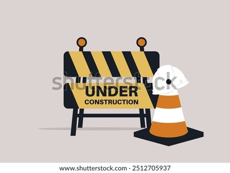 Bright caution tape signals ongoing construction efforts, with a hard hat resting beside a warning cone, representing active development in a bustling area