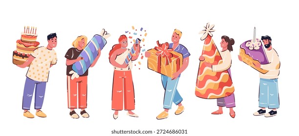 Bright celebration characters set with smiling people holding giant cakes, candies, gifts and party props in modern cartoon style. Vector illustration of festive moments, birthday joy and party mood.