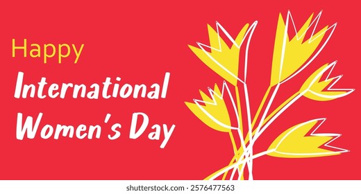 Bright Celebration Vector Background for International Women's Day Holiday Message. A vibrant image with yellow floral elements on a red background, celebrating International Women's Day.