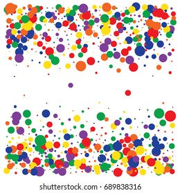 Bright celebration vector confetti. Rainbow colored festive background. Christmas, new year, birthday celebration falling circles. Discount glitter background. Red, green, blue, yellow, orange dots.