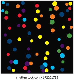 Bright celebration vector confetti. Rainbow colored festive background. Christmas, new year, birthday celebration falling circles. Discount glitter background. Red, green, blue, yellow, orange dots.