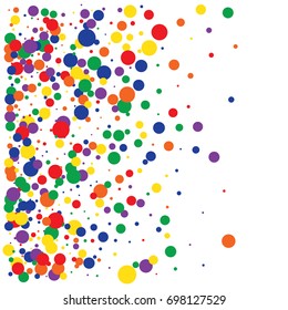 Bright celebration vector confetti. Rainbow colored festive background. Christmas, new year, birthday celebration falling circles. Discount glitter background. Red, green, blue, yellow, orange dots.