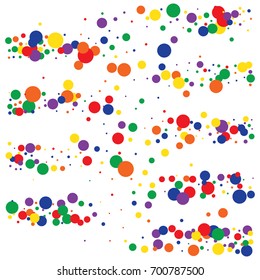 Bright celebration vector confetti. Rainbow colored festive background. Christmas, new year, birthday celebration falling circles. Discount glitter background. Red, green, blue, yellow, orange dots.