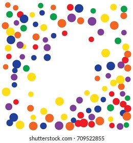 Bright celebration vector confetti. Rainbow colored festive background. Christmas, new year, birthday celebration falling circles. Discount glitter background. Red, green, blue, yellow, orange dots.