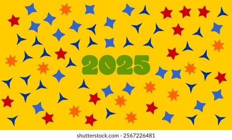 Bright celebratory design featuring the number 2025 in a bold font amidst colorful stars on a yellow background, evoking joy, festivity, and a forward-looking New Year's or celebratory theme.