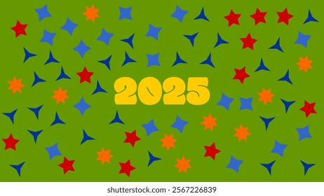 Bright celebratory design featuring the number 2025 in a bold font amidst colorful stars on a green background, evoking joy, festivity, and a forward-looking New Year's or celebratory theme.