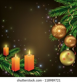 Bright celebratory New year and Christmas card with fir tree, balls and candles. Vector illustration.