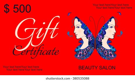 Bright certificate template. Doodle portrait of beautiful girls on butterfly wings.  Concept for beauty or spa salon. Vector illustration.