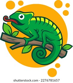 Bright chameleon. Logos. Chameleon isolated on yellow background. Vector illustration