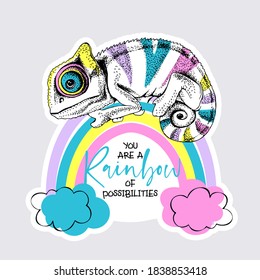 Bright Chameleon on the rainbow. Humor card, T-shirt composition, hand drawn style print. Vector illustration.