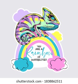 Bright Chameleon on the rainbow. Humor card, T-shirt composition, hand drawn style print. Vector illustration.