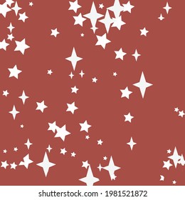 Bright Chaotic Holiday Snow Santa Ornament. Four-pointed Night Stars Mystery Red Background. New Year Sky Winter Christmas Magic Illustration. Retro Print White Sharp Color Wallpaper.