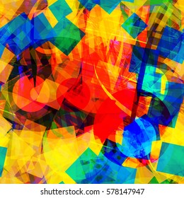 Bright chaotic seamless texture with circles, squares and stains. Abstract vector texture
