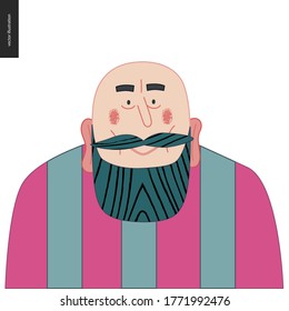 Bright character portrait - hand drawn flat style vector design concept illustration of a smiling adult black-bearded man, face and shoulders avatar. Flat style vector icon