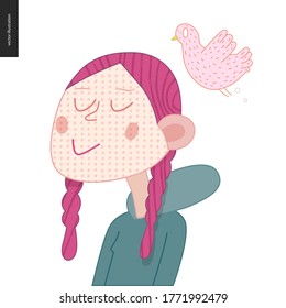 Bright character portrait\- hand drawn flat style vector design concept illustration of a smiling freckled red-haired girl wearing hoody, face and shoulders avatar. Flat style vector icon