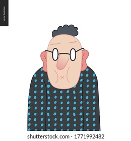 Bright character portrait - hand drawn flat style vector design concept illustration of a man wearing glasses, face and shoulders avatar. Flat style vector icon