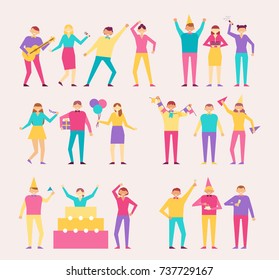 Bright characters at cheerful party in birthday hat with huge cake and colorful decoration isolated cartoon vector illustrations on white background.