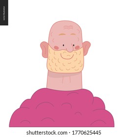 Bright characters portraits - hand drawn flat style vector design concept illustration of a smiling adult white-bearded man, face and shoulders avatar. Flat style vector icon