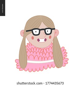 Bright characters portraits - hand drawn flat style vector design concept illustration of a smiling little girl wearing glasses, face and shoulders avatar. Flat style vector icon
