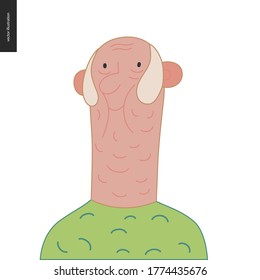 Bright characters portraits - hand drawn flat style vector design concept illustration of a smiling bald elderly man with whiskers, wearing green, face and shoulders avatar. Flat style vector icon