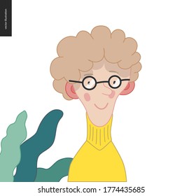 Bright characters portraits- hand drawn flat style vector design concept illustration of young fair-haired feminine man, wearing glasses, face and shoulders avatar. Flat style vector icon