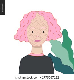 Bright characters portraits - hand drawn flat style vector design concept illustration of a smiling freckled pink-haired girl wearing black, face and shoulders avatar. Flat style vector icon