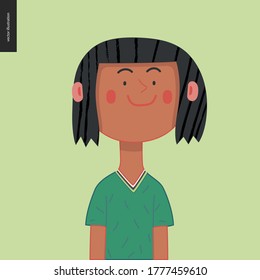 Bright characters portraits - hand drawn flat style vector design concept illustration of a smiling brunette girl, face and shoulders avatar. Flat style vector icon