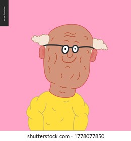 Retratos de personagens brilhantes - desenho à mão estilo plano vetor design conceito ilustração de um homem idoso sorridente careca usando óculos, rosto e ombros avatar. Ícone de vetor de estilo plano