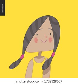 Bright characters portraits - hand drawn flat style vector design concept illustration of a smiling little girl wearing yellow, face and shoulders avatar. Flat style vector icon