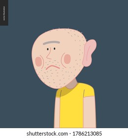 Bright characters portraits - hand drawn flat style vector design concept illustration of a sad bald man wearing yellow, face and shoulders avatar. Flat style vector icon