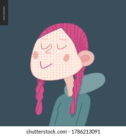 Bright characters portraits - hand drawn flat style vector design concept illustration of a smiling freckled red-haired girl wearing hoody, face and shoulders avatar. Flat style vector icon