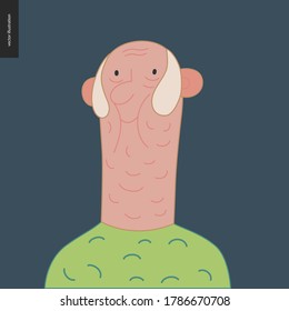 Bright characters portraits - hand drawn flat style vector design concept illustration of a smiling bald elderly man with whiskers, wearing green, face and shoulders avatar. Flat style vector icon