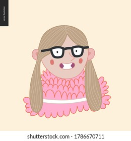 Bright characters portraits - hand drawn flat style vector design concept illustration of a smiling little girl wearing glasses, face and shoulders avatar. Flat style vector icon