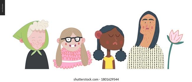 Retratos de personajes brillantes set - diseño vectorial de estilo plano dibujado a mano ilustración de avatares de caras diversas, masculinas y femeninas. Conjunto de iconos redondos con estilo plano