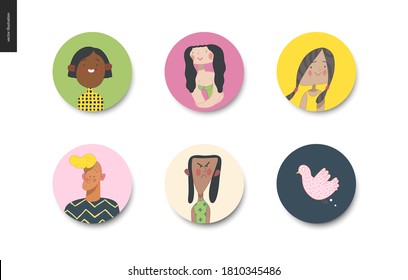 Bright characters portraits set - hand drawn flat style vector design concept illustration of diverse, male and female faces, round avatars. Flat style vector round icons set
