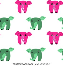 Bright and charming pattern with Pink and green elephants characters in cartoon style