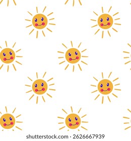 Bright and charming retro-style sun motifs in a seamless pattern design. Perfect for children’s concepts, fabric prints, packaging designs, summer projects, and playful festive layouts