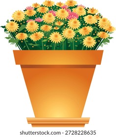 Una Ilustración vectorial brillante y encantadora con alegres flores amarillas y rosadas de estilo margarita, que se asemejan a crisantemos o caléndulas, dispuestas en una olla de terracota clásica con un platillo a juego. Este arte floral del Clip es perfecto para los diseños de la primavera y del verano, los temas de la jardinería, los gráficos de la decoración casera, las invitaciones, los materiales educativos, y los proyectos decorativos.