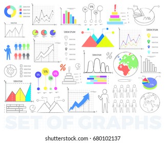 Bright charts and round diagrams with statistical data in numbers and percentage isolated vector illustrations set on white background.