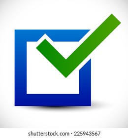 Bright check box icon with green checkmark and blue square - Fine!