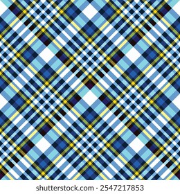 Bright checkered pattern, seamless vector pattern. Beautiful geometric texture of stripes in blue, yellow and white shades. A beautiful and stylish decoration for the design of any interior.