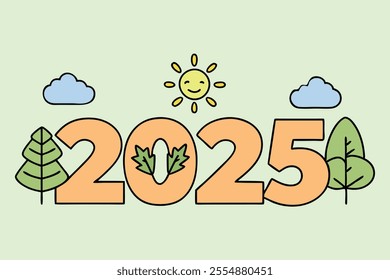 A bright and cheerful 2025 New Year design featuring leaves, a smiling sun, and a minimalistic nature-inspired theme