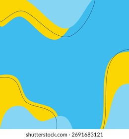 Fundo abstrato brilhante e alegre com negrito amarelo, céu azul formas fluidas orgânicas. Perfeito para temas de verão, produtos para crianças ou marketing dinâmico