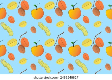 Bright and cheerful autumn pattern featuring colorful leaves and cute worms. Perfect for seasonal designs and projects.