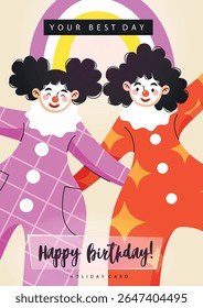 Bright and cheerful birthday card illustration featuring two happy clowns in colorful costumes with big smiles, celebrating your best day with fun and joy.
