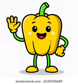 Bright and cheerful cartoon character of a yellow bell pepper with a big smile and waving gesture. Perfect for health food promotions or playful visual content.