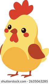 Bright and cheerful cartoon chicken with red comb and yellow feathers, great for children’s stories or farm illustrations.
