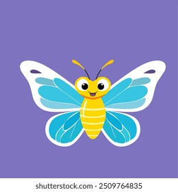 Bright and cheerful cartoon illustration of a smiling butterfly with blue and yellow wings. The butterfly is depicted with a friendly expression, large eyes, and vibrant colors.