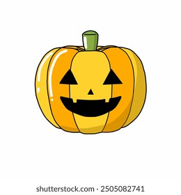 Bright and cheerful cartoon pumpkin illustration featuring a classic jack-o'-lantern face, perfect for Halloween decorations and festive designs.