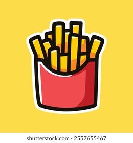 Bright and cheerful cartoon-style illustration of crispy golden French fries in a red container, set against a vibrant yellow background. Ideal for food branding and creative projects